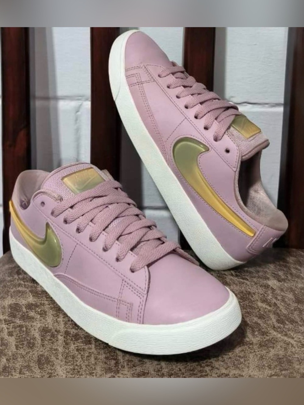 Nike Women's Blush Pink Low-Top Leather Sneakers with Metallic Gold Swoosh